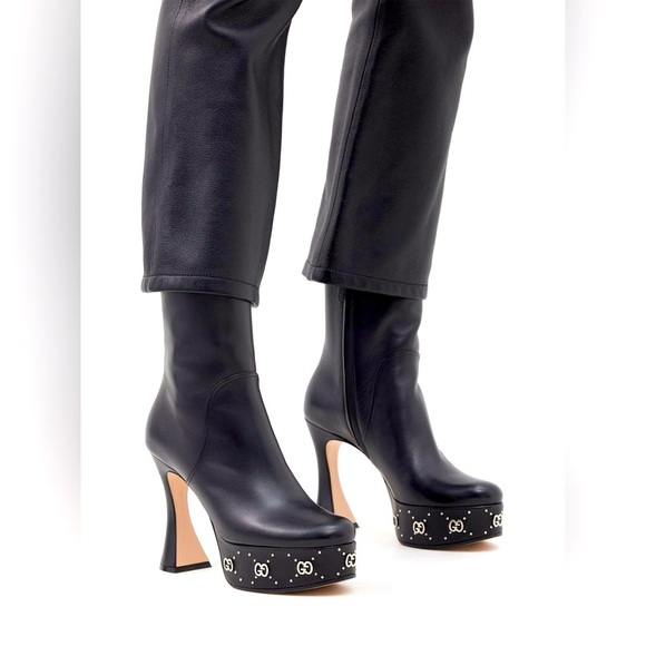 Gucci Black Leather GG logo studded platform Janaya Mid Calf boots EU 40 - Picture 1 of 11